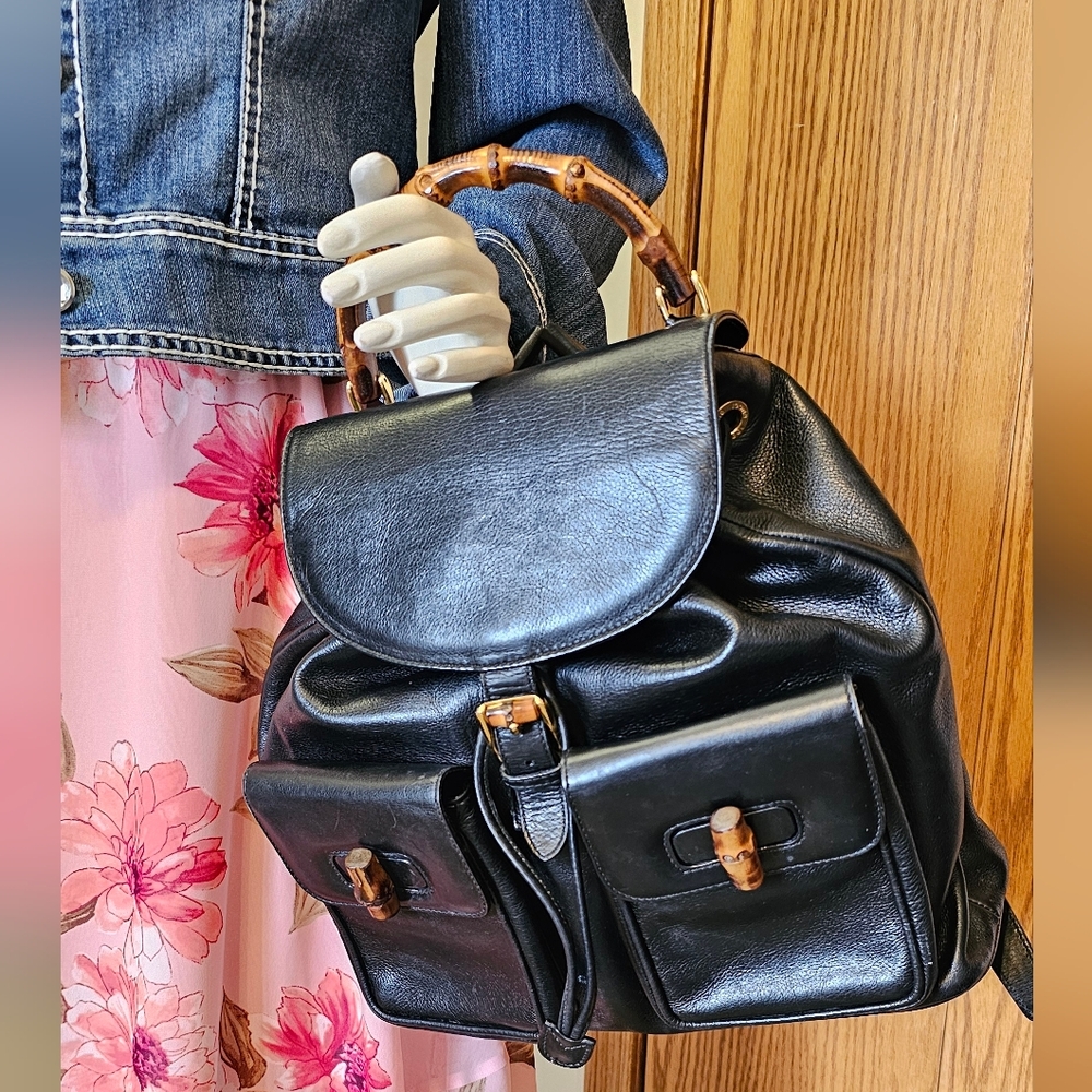 Gucci Black Leather Backpack with Bamboo Accents - Picture 15 of 15